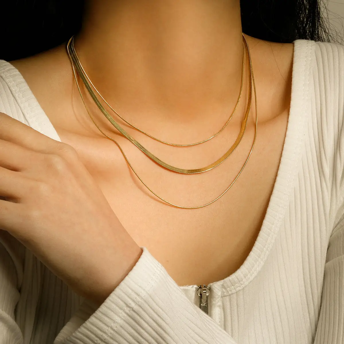 2024 rắn Vòng cổ 3 lớp chuỗi Thép không gỉ không thấm nước không gây dị ứng Choker Vòng cổ 18K vàng lớp rắn Vòng cổ