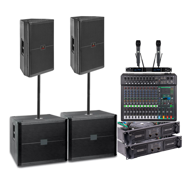15-Inch+18 Inch Double Wireless Microphone + Amplifier +Mixer 8ohm Impedance Three-Piece Set for House Parties DJ Banquets