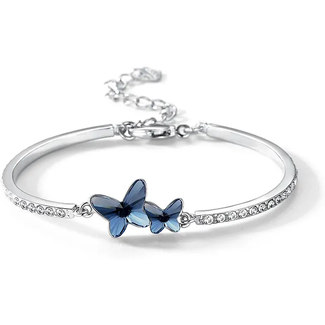 Hermosa Austria Crystal Bangle Double Butterfly Bangle Bracelets 925 Sterling silver Bangle for Women Jewelry Adjustable