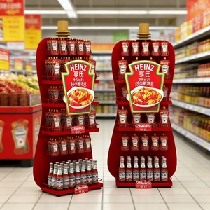Étagère de présentation sur pied en métal de forme personnalisée avec étagères et crochets pour la promotion de la sauce ketchup et des condiments en supermarché - Product Image 1