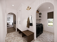 Villa moderne à un étage en acier léger, style ferme, avec bardage en bois noir, arche en pierre, 3 chambres, barndominium personnalisé, maison familiale préfabriquée