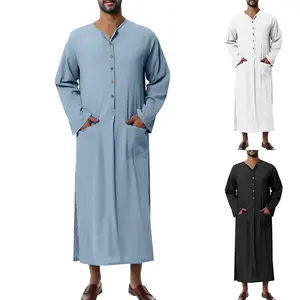 מכירה לוהטת פוליאסטר צווארון עומד מוצק צבע ארוך שרוולים Thobe Kanzu גברים מוסלמים שמלת בגדים אסלאמיים גברים