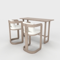 Ensemble de table de bar d'extérieur de luxe naturel, style bois, avec chaises de bar rembourrées pour villa, complexe hôtelier, bord de piscine, patio