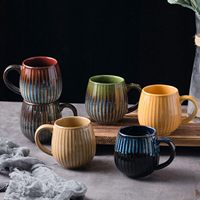 Mug en céramique à glaçure réactive grande capacité 500 ml, tasse à café ventrue à rayures verticales personnalisées, mug à thé en grès – Vente en gros