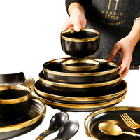 Services de Table Noirs de Haute Qualité Style Moderne avec Bord Doré Bols en Céramique Assiettes Soucoupes Cuillères pour Restaurants Hôtels