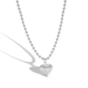 Dylam Fashion Metallic Texture Design S925 Silver Beaded Chain Brushed Frosted Heart Shape Pendant Women Jewelry Necklace