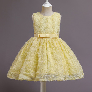 Vestido de niña con flores de rosas amarillas para niños, vestido de princesa de tul con cuello redondo para fiesta de boda - Product Image 2