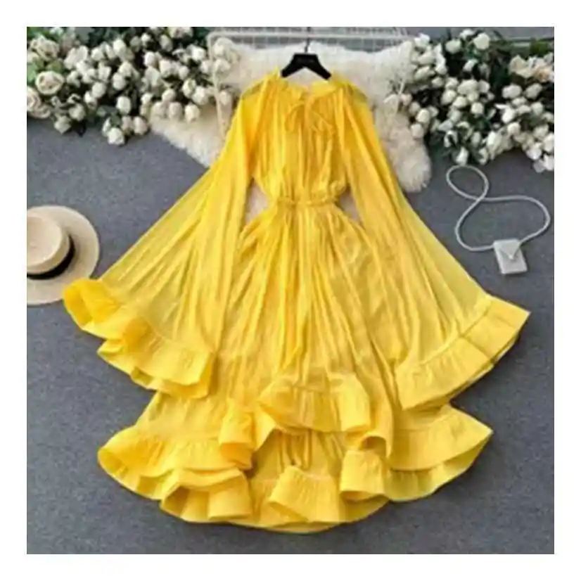 Retro High Sense Fashion 2023 New Autumn Trumpet Sleeve Ruffled Ladies Dress Casual Ladies The Gown Women's Dresses