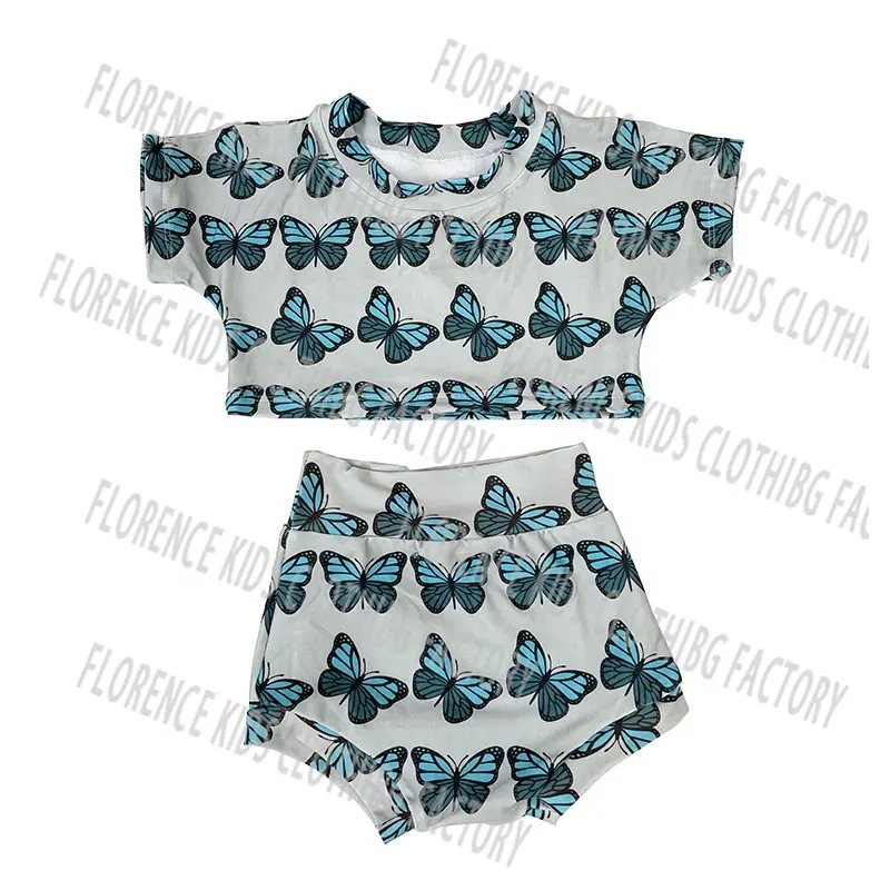DH ODM ropa de nina short sleeve crop top bummies shorts Butterfly outfit baby clothes newborn set high quality