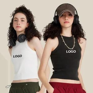 OEM ODM özel Logo sevimli temel triko gömlek yelek katı beyaz siyah boş bayanlar örme egzersiz Tank Top kadınlar 8411