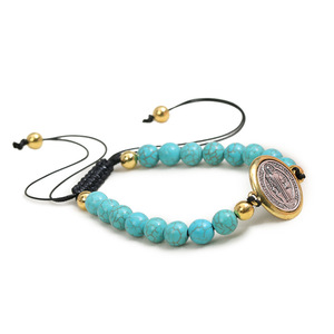 Pulsera Católica de <span class=keywords><strong>San</strong></span> <span class=keywords><strong>Benito</strong></span> con Cuentas de Turquesa, Rosario Tejido Ajustable, Artículo Sagrado de Exorcismo, Joyería de Cuentas de Oración al por Mayor - Product Image 4