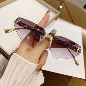 Frameless Rhinestone <b>Sunglasses</b> Black PC Lens UV400 Unisex Outdoor Style - Product Image 4