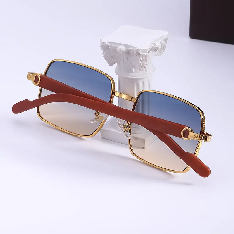Best Selling Stylish Custom Logo Sun Glasses Big Square Shades Metal Frame Wood Grain Sunglasses