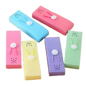 Wholesale Plastic Elastic Strap Smile Face Pencil Box Nice Colorful Plastic Rectangle Creative Candy Smile Pencil Case