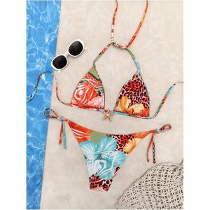 Conjunto de Bikini de 2 Piezas con Estampado Floral de Leopardo para Mujer, Marca FOXA, Top Triangular con Tiras y Detalle Metálico de Estrella de Mar - Product Image 2