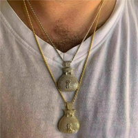 Prix d'usine Collier en laiton plaqué or avec pendentif sac d'argent signe dollar entièrement pavé de zircone cubique 3D
