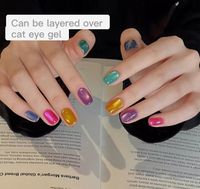 Gel vernis à effet verre éblouissant : posez-le sur un gel effet œil de chat et ajoutez facilement de la poudre miroir pour une texture verre cristalline.