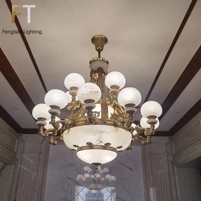 Lampu gantung gaya Retro lampu gantung Alabaster lampu gantung emas dekorasi interior aula pencahayaan mewah