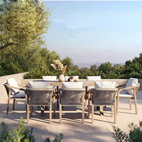 Table de salle à manger d'extérieur en teck pour hôtel, avec tressage en corde, mobilier de jardin, table de salle à manger imperméable et ensemble de chaises empilables