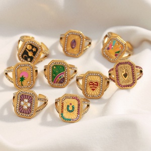 Bagues empilables carrées en acier inoxydable plaqué or 18 carats pour femmes, émail coloré, symbole porte-bonheur géométrique, bijoux rétro Y2K, tarot - Product Image 3