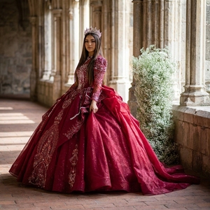 Vestido de Novia Moderno de Lujo Xs272, Estilo Princesa, Color Rojo, Escote Corazón, Mangas Largas, Cola de Capilla, Diseño sin Espalda, Bordado con Cuentas - Product Image 1