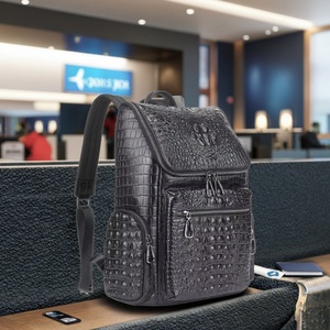 Sac à dos pour ordinateur portable Boshiho pour homme, style vintage, en cuir de crocodile, sac de voyage tendance, sac à dos de jour en toile imperméable, cuir de vachette - Product Image 1