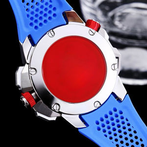 Montre de luxe pour homme en acier inoxydable rouge et noir, avec lunette entièrement sertie de diamants, bracelet en caoutchouc noir, chronographe squelette audacieux - Product Image 5