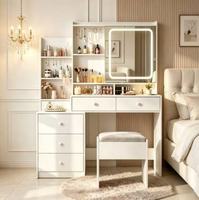 Table de toilette moderne en MDF, gain de place, avec miroir LED réglable, écologique, plusieurs tiroirs, idéale pour chambre compacte