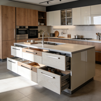 Armoires de cuisine îlot courbées gris clair avec tiroirs à fermeture douce et comptoirs en quartz pour les maisons américaines