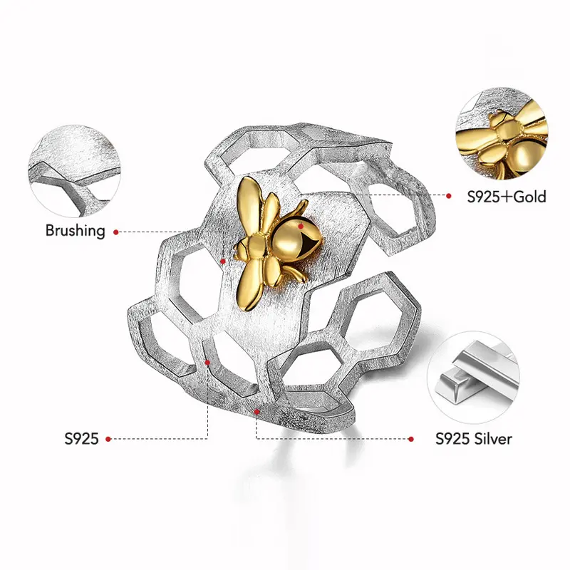 2024 מעצב סיטונאי ערך טבעת כסף טהור 925 טבעת חלת דבש זהב דבורה טבעת פתוחה לנשים תכשיטים בעבודת יד בהתאמה אישית