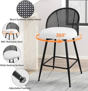 Tabouret <span class=keywords><strong>de</strong></span> <span class=keywords><strong>bar</strong></span> pivotant en cuir PU <span class=keywords><strong>blanc</strong></span> avec dossier en rotin <span class=keywords><strong>noir</strong></span> Chaises <span class=keywords><strong>de</strong></span> <span class=keywords><strong>bar</strong></span> modernes du milieu du siècle - Product Image 6