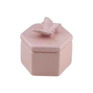 Boîte à bijoux en céramique avec couvercle papillon, forme hexagonale, pour bagues, colliers, organisateur de bureau, conteneur de rangement avec fonction bougie - Product Image 5