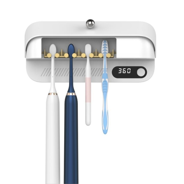 Four-Slot Wall-Mounted Toothbrush Holder with UV & UVC Sterilization Fan Heating Drying Functions USB Charging Sanitizer