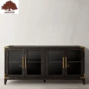 Gran oferta de mueble de TV de acero inoxidable Goliden de madera maciza de estilo antiguo europeo con almacenamiento, 4 puertas, color negro