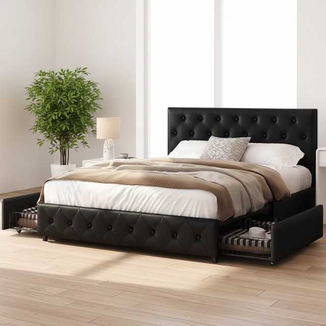 5ft King Bed Frame Modern Platform Bed Adjustable Diamond Button-Tufted Headboard 2 Drawers Storage/Sturdy Wood Slat