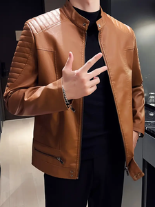 Veste de motard chic en cuir PU pour hommes avec col montant et capuche tissu de laine zippé décontracté livraison directe disponible - Product Image 5