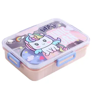 900ml Cartoon Design Lockable 4 Compartments 304 Stainless Steel Leak-proof Food Storage Students Lunch Box