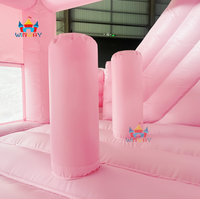 Château gonflable rose sur le thème des princesses avec piscine à balles, aire de jeux extérieure pour enfants.