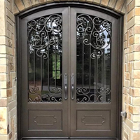 Porte d'entrée double en fer forgé au design luxueux avec cadre en fer forgé et verre trempé givré pour maison