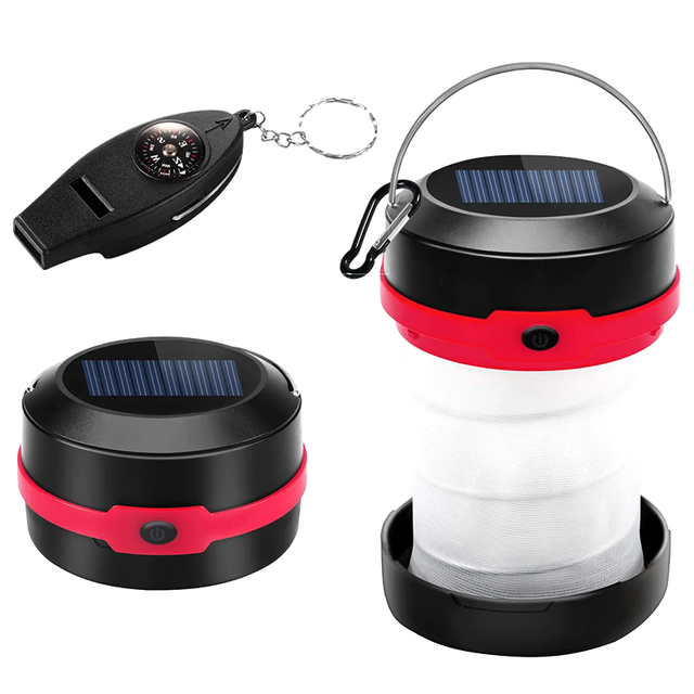 Fishing Emergency Collapsible LED Rechargeable Solar Camping Lantern with Multifunctional Whistle