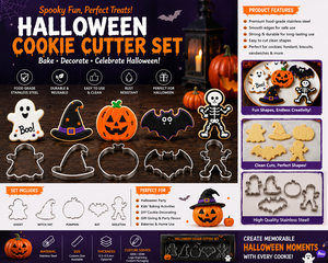Set di <span class=keywords><strong>Tagliabiscotti</strong></span> per <span class=keywords><strong>Halloween</strong></span> in Acciaio Inox, Forme di Fantasma, Zucca, Pipistrello, Cappello da Strega e Scheletro - Product Image 1