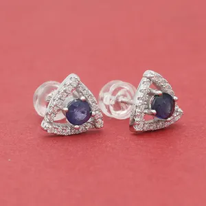 天然蓝宝石石耳环18k镀金时尚饰品925银针钻石耳钉三角女性耳环