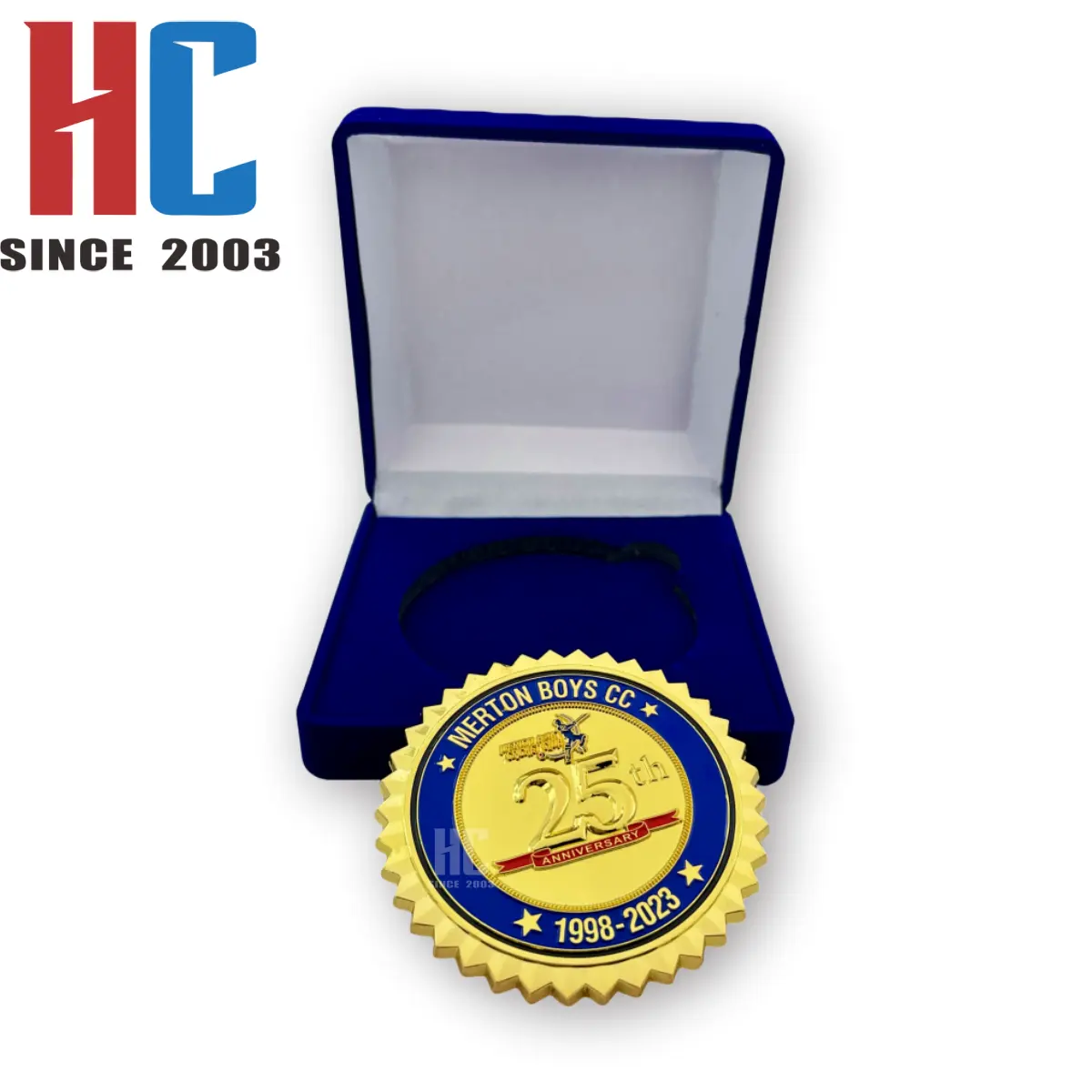 Moneda de metal chapada en oro con caja de terciopelo, regalos de negocios personalizados de fábrica de 20 años