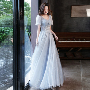 Blue Evening Gown Sweetheart Neckline A-Line Empire Waist Floral Print Light Blue Gray Long Dress For Banquets And Performances - Product Image 3