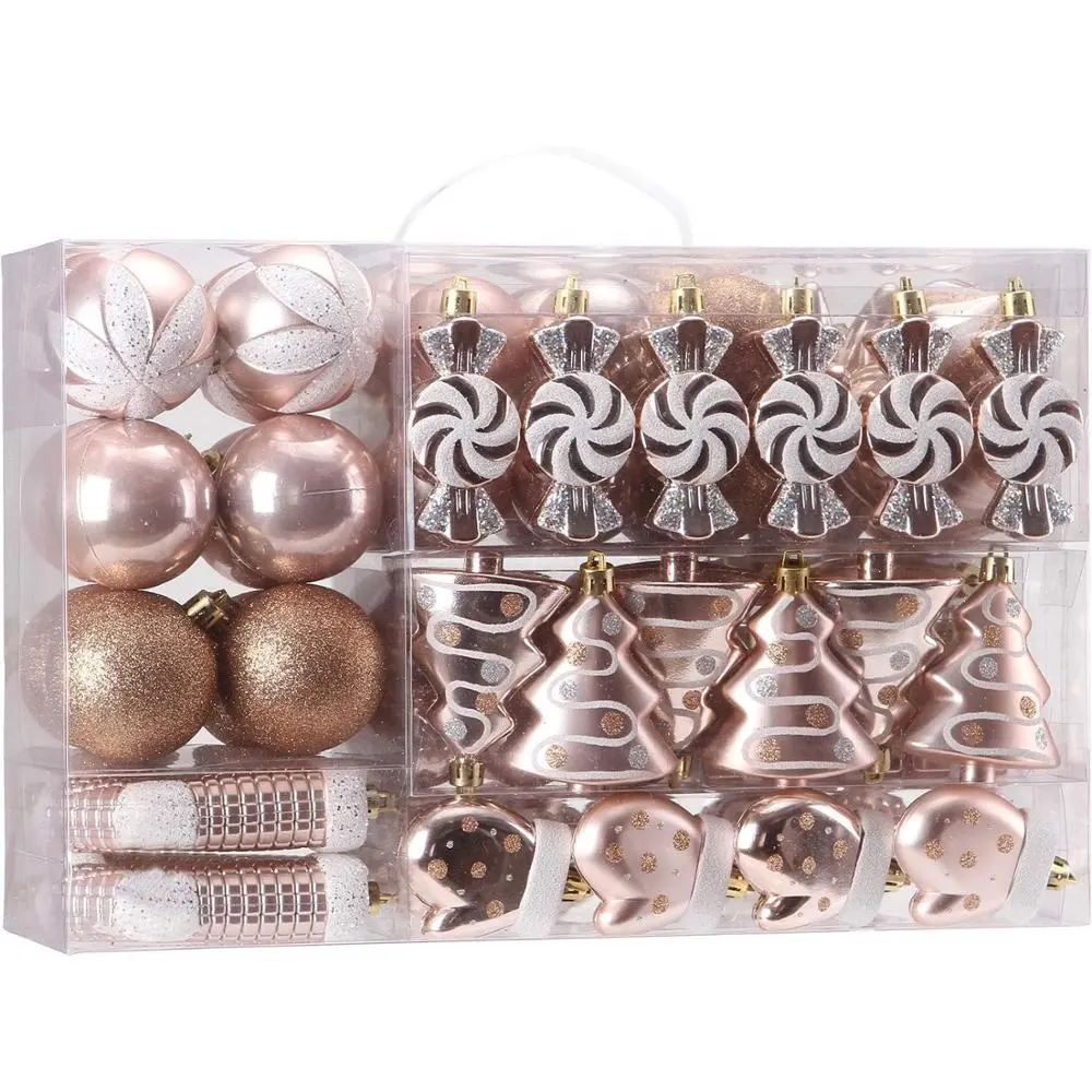 Популярные Рождественские шары, шары для рождественской елки, розовое золото, в ассортименте, небьющиеся, 77 шт., подвесные пластиковые рождественские шары, набор украшений
