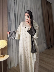 Abito Musulmano Elegante Fatto a Mano in Poliestere con Pois, Nuovo Modello Primavera 2026, Vestito Modesto con Bordo in Pizzo, Stile Ampio <span class=keywords><strong>Abaya</strong></span> per Donne - Product Image 3