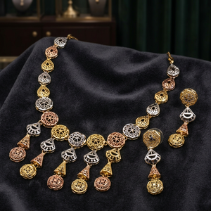 Juego de Joyería de Moda para Boda, Collar Corto y Pendientes de Latón Chapado en Oro de 3 Tonos, Venta al por Mayor - Product Image 1