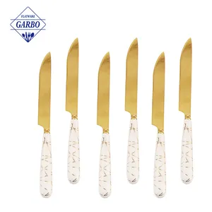 Giá Rẻ 410 Tay Ba Lan Gốm Vàng Với Đá Cẩm Thạch Xử Lý Thép Không Gỉ Dao Ăn Tối Fork Thìa Flatware Bộ Dao Kéo Cho Đám Cưới