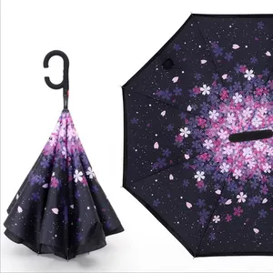 Guarda-chuva reverso invertido para venda em tecido duplo com logotipo personalizado e alça em forma de C à prova de vento