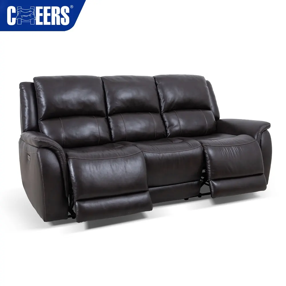 MANWAH Sofa kulit asli 3 dudukan, kursi malas dengan punggung tinggi dan kaki, kulit asli hitam, tiga daya, Sofa gaya Amerika
